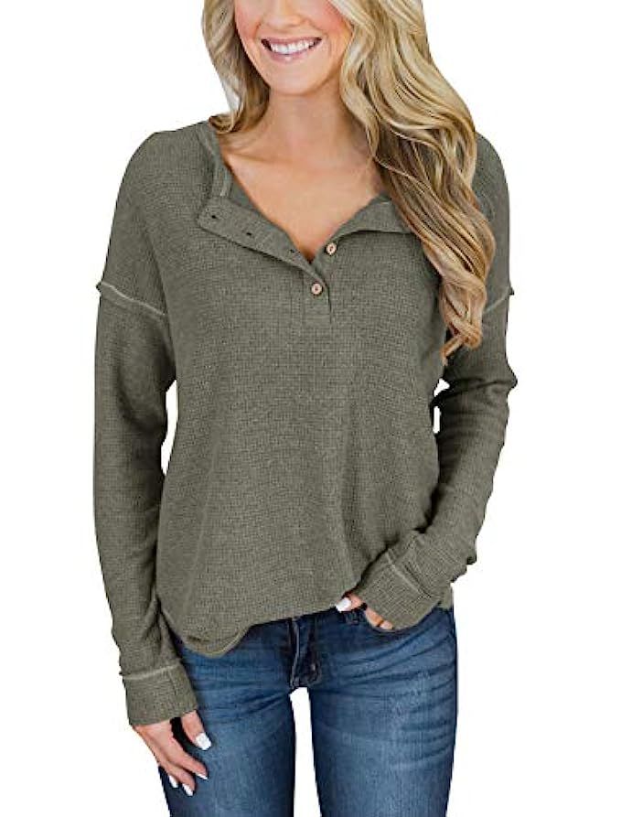 PRETTODAY Women's Long Sleeve Henley Tops Button Down Pullover Blouses | Amazon (US)