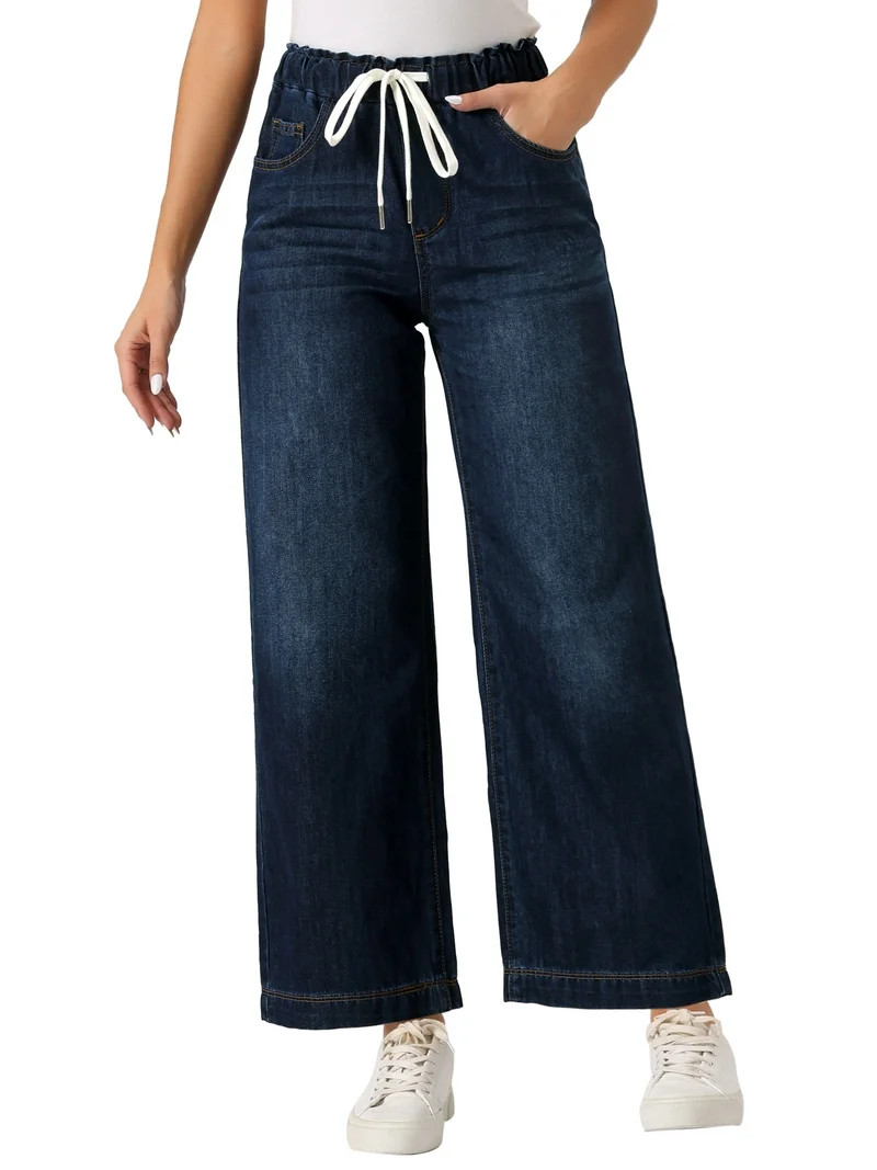 INSPIRE CHIC Women's Wide Leg Jeans Drawstring Elastic Waist Casual Denim Pants with Pockets Dark... | Walmart (US)
