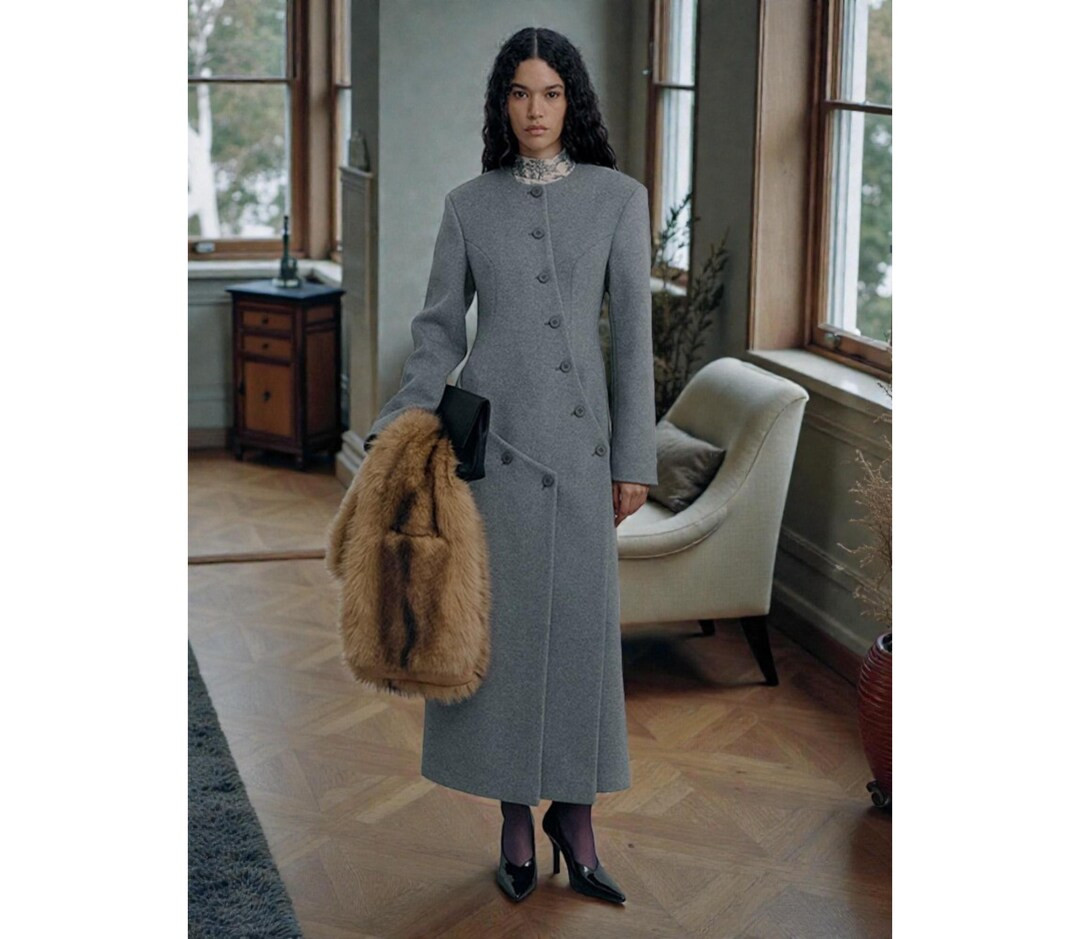 Women’s Long Grey Wool Coat O-neck | Elegant Asymmetric Button Winter Outerwear, Full Sleeve Wa... | Etsy (US)