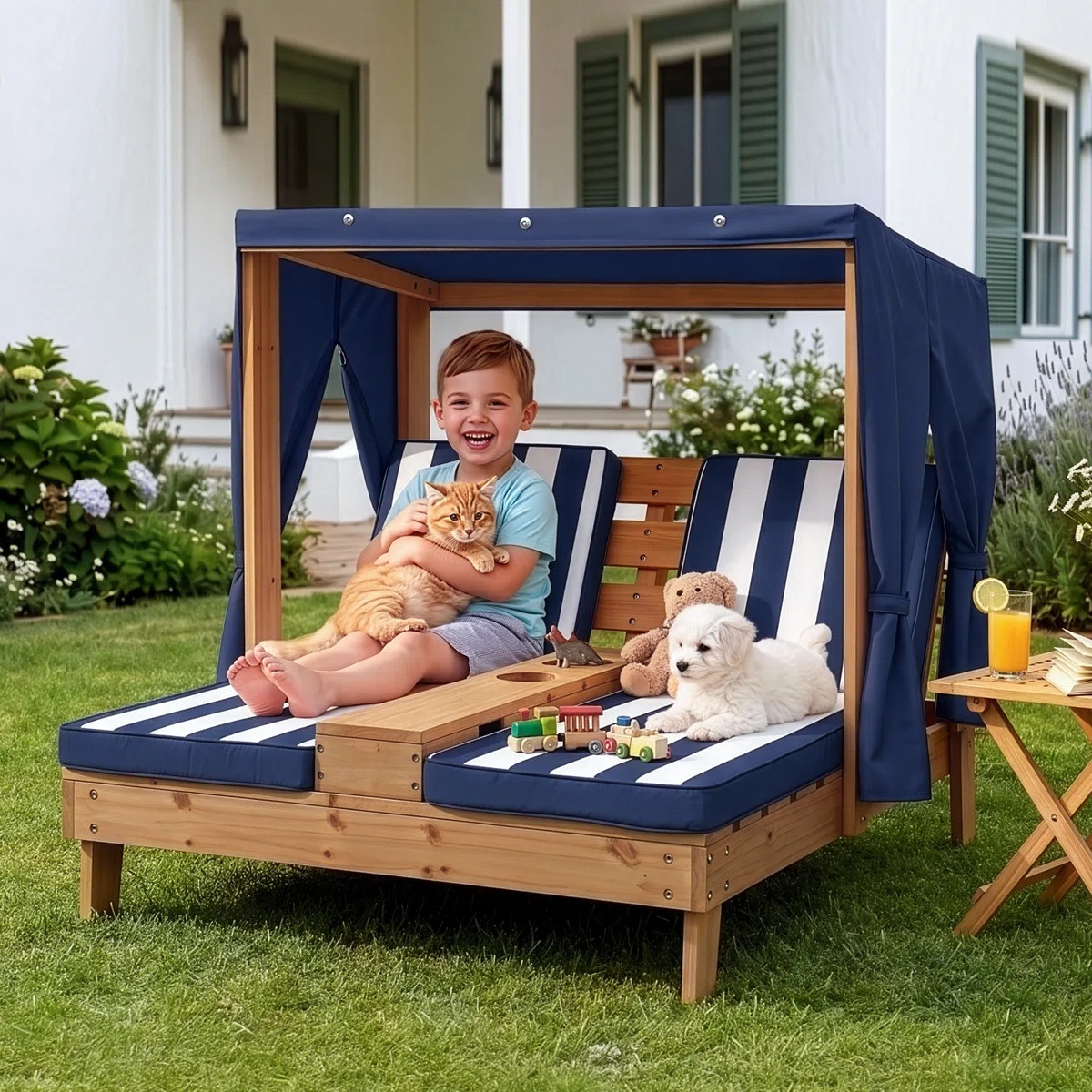 Kids Double Chaise Lounge with Canopy 2-Seater Sunbed with Cup Holder and Blue & White Striped Cu... | Wayfair North America