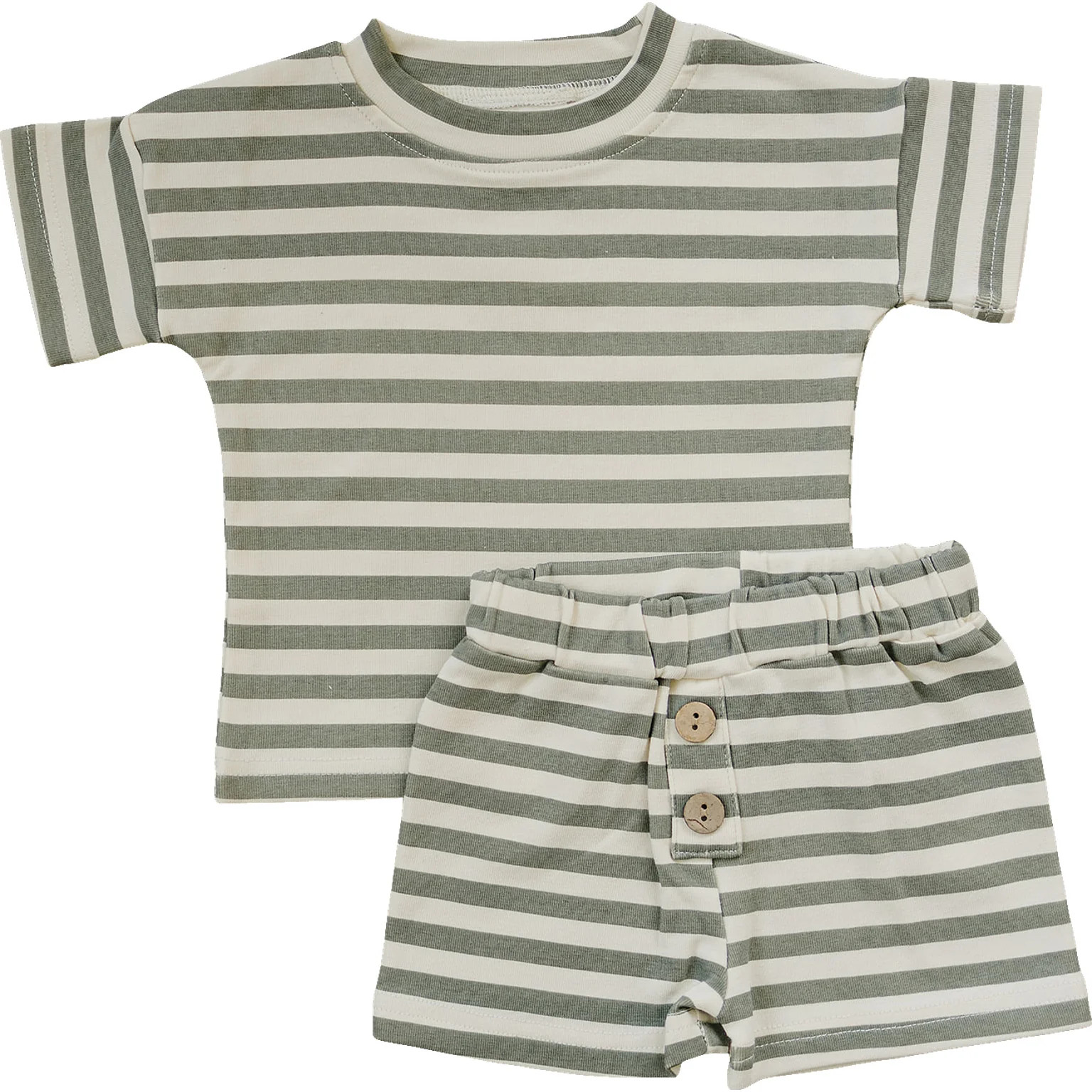 Sage Stripe Button Short Set 6Y | Mebie Baby