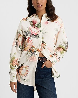 Floral Linen-blend Boyfriend Portofino Shirt | Express