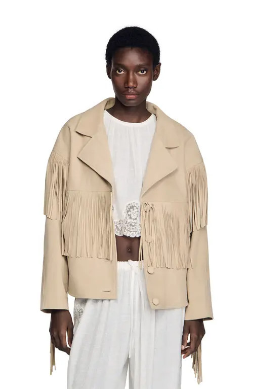 SANDRO Fringed suede jacket in Beige at Nordstrom, Size 36 Eu | Nordstrom