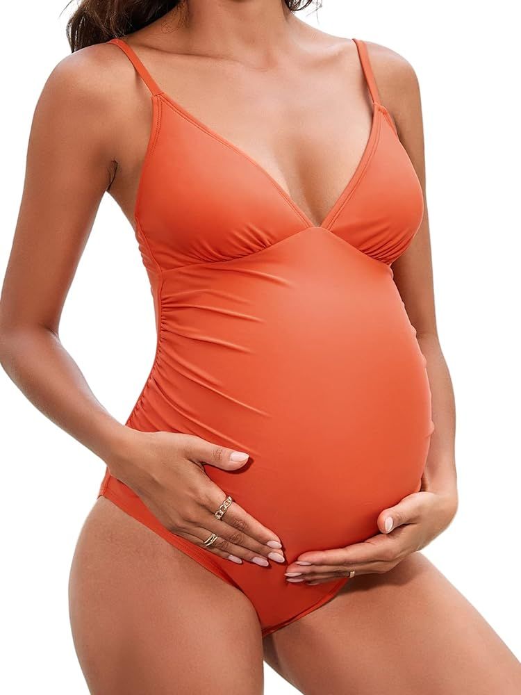 CUPSHE Maternity Swimsuit for Women One Piece Swimsuits Pregnancy Swimwear Spaghetti Straps Ruche... | Amazon (US)