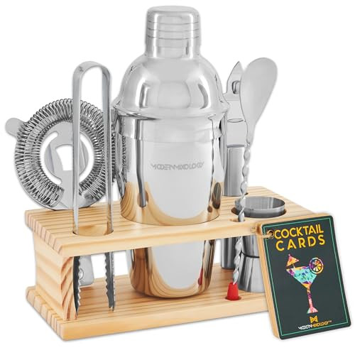 Mixology Bartender Kit - 8-Piece Silver Cocktail Shaker Set with Pine Wood Stand, Recipe Cards, a... | Amazon (US)