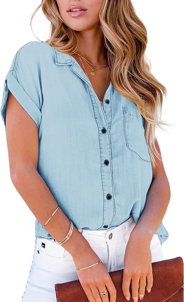 Karlywindow Denim Shirt for Women Button Down Shirts V Neck Short Sleeve Jean Tops Summer Loose Casu | Amazon (US)