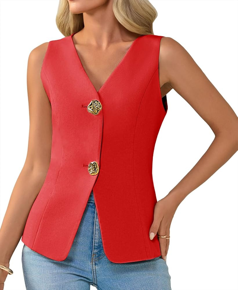 Cicy Bell Womens Summer V Neck Vest Tops Button up Sleeveless Casual Waistcoat Business Fitted Bl... | Amazon (US)
