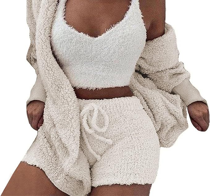 Famnbro Womens Sexy Fuzzy 3 Piece Outfits Fleece Warm Hooded Cardigan Crop Top Shorts Set Pajamas... | Amazon (US)