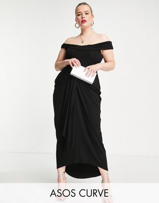 ASOS DESIGN Curve Bardot corset detail ruched midi dress in black | ASOS (Global)