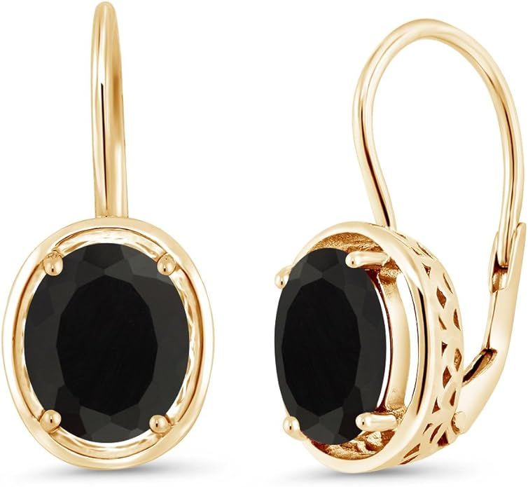 Gem Stone King Black Onyx 18K Yellow Gold Plated Silver Dangle Earrings, 4.00 Ct Oval 9X7MM | Amazon (US)