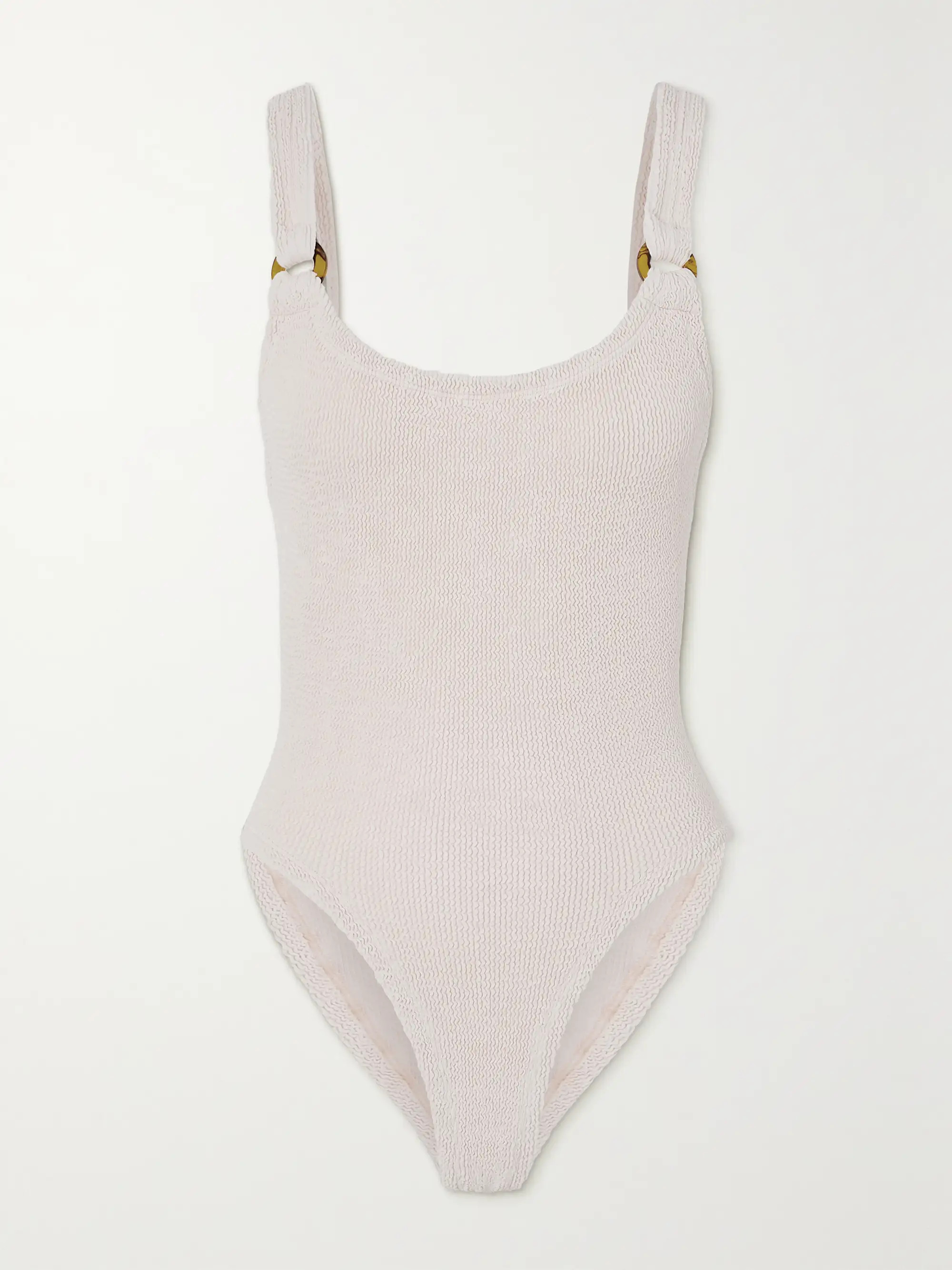 + NET SUSTAIN Domino embellished metallic seersucker swimsuit | NET-A-PORTER (US)