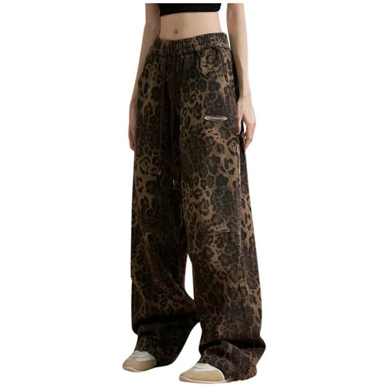 YFWRD Jeans for Women Leopard Print Straight Leg Cargo Pants Casual Trousers - Walmart.com | Walmart (US)