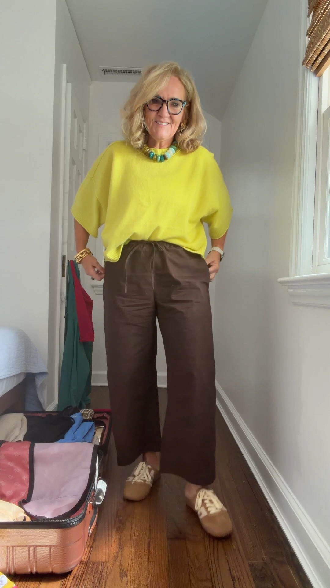 This sweater in this chartreuse neon green is coming back in stock this week. You can order today and secure yours. I do think it’ll sell out again quickly.
It’s cashmere and you know, I usually order my cashmere from quince. However, the colors are so pretty. I love the lightweight and the drippiness of this style. It’s worth it to me to pay the extra.
Pants are a very popular drawstring poplin pant. I wear a size small regular.

#LTKOver40 #LTKootd #LTKPetite