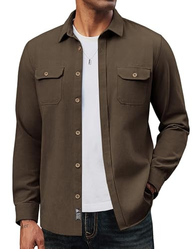 PJ PAUL JONES Shacket Mens Button Down Shirt Jacket Cotton Twill Long Sleeve Overshirt for Work Safari Brown L | Amazon (US)
