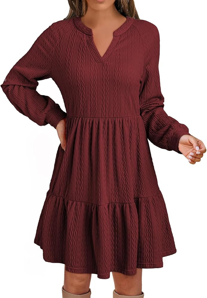 Dokotoo Womens Dresses 2024 Long Sleeve V Neck Textured Casual Tiered Ruffle A-Line Swing Mini Ba... | Amazon (US)