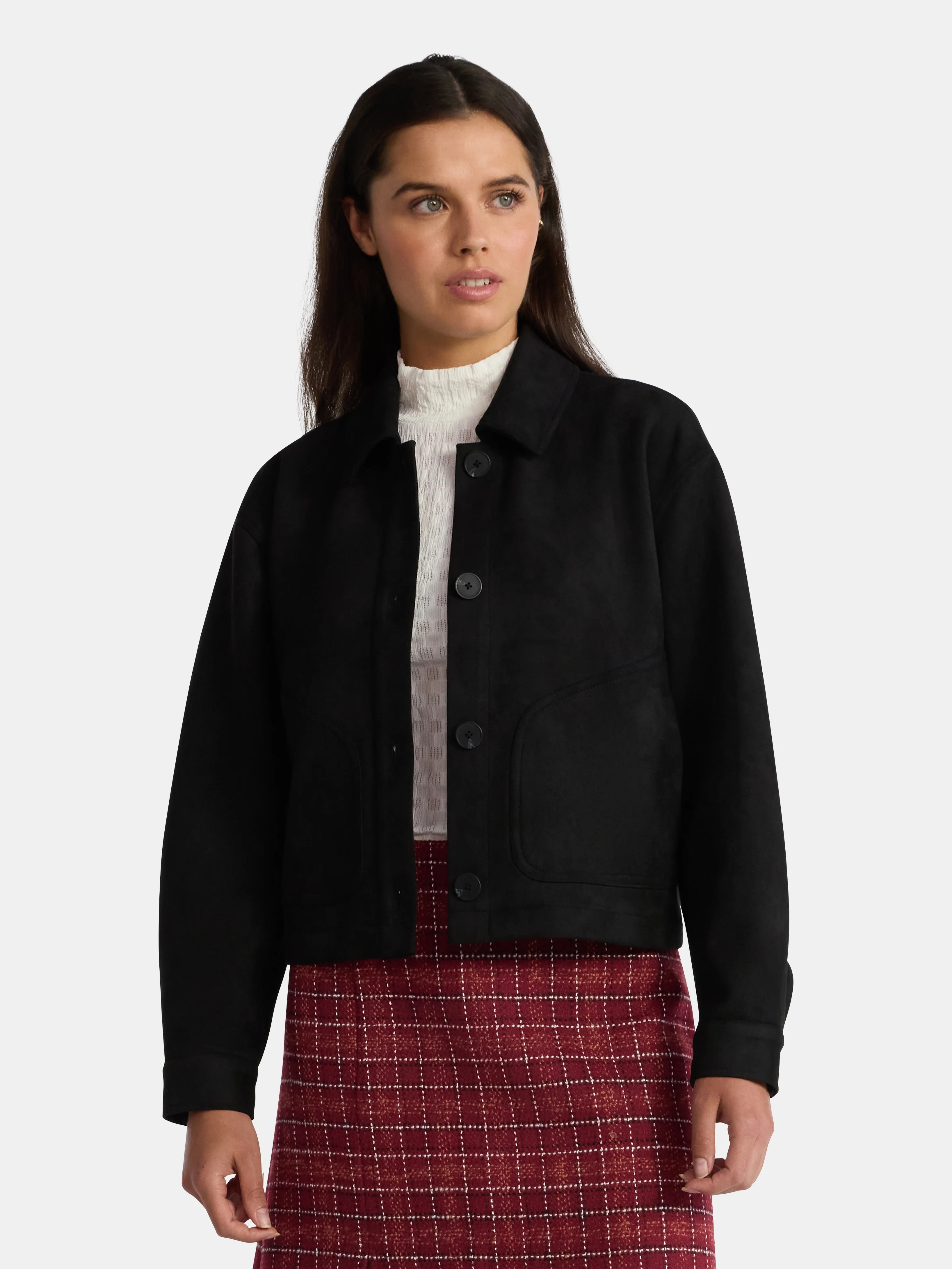 Time and Tru Women's Faux Suede Button Front Jacket, Sizes XS-XXXL | Walmart (US)