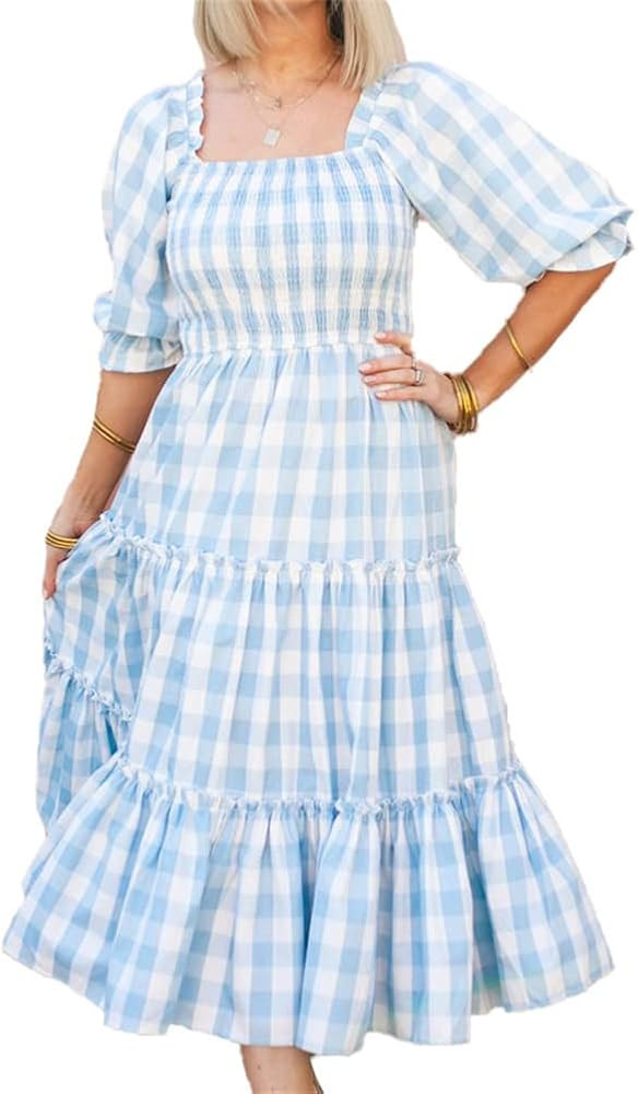 Long Dress for Women Summer Casual Square Neck Half Sleeve Backless Floral Print Slim Fit Maxi Dr... | Amazon (US)