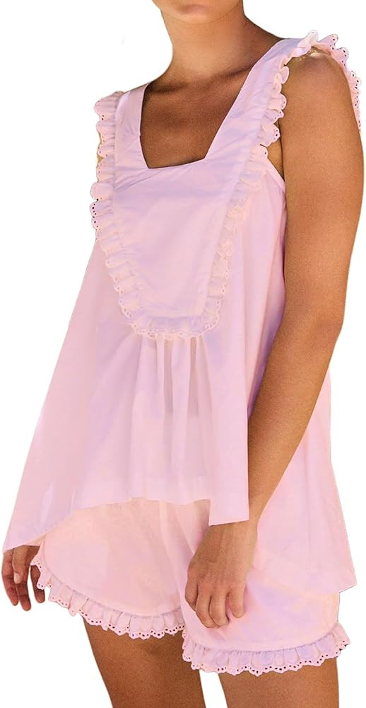 Wyeysyt Womens Pajamas Set 2 Piece Cotton Ruffle Pj Lounge Sets Trim Cami Top and Shorts Sleepwea... | Amazon (US)