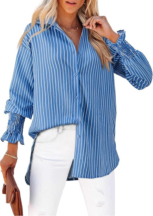 Women's Striped Button Down Shirts Long Sleeve Smocked Cuffed Oversized Boyfriend Blouses Collare... | Amazon (US)