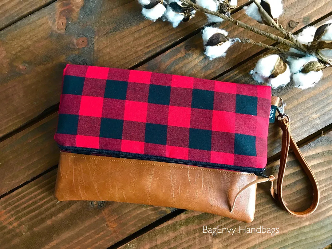 Fold Over Clutch - Buffalo Plaid With Vegan Leather - Detachable Wristlet - Etsy | Etsy (US)