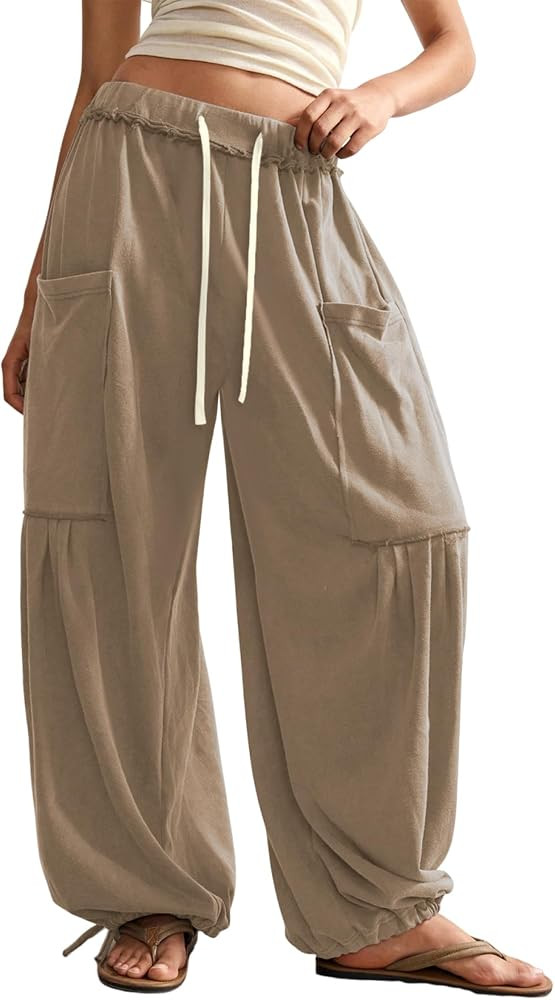 ZAFUL Boho Casual Pants for Women Baggy Pant Ruched Flowy Bottom Elastic Drawstring Waist Trouser... | Amazon (US)