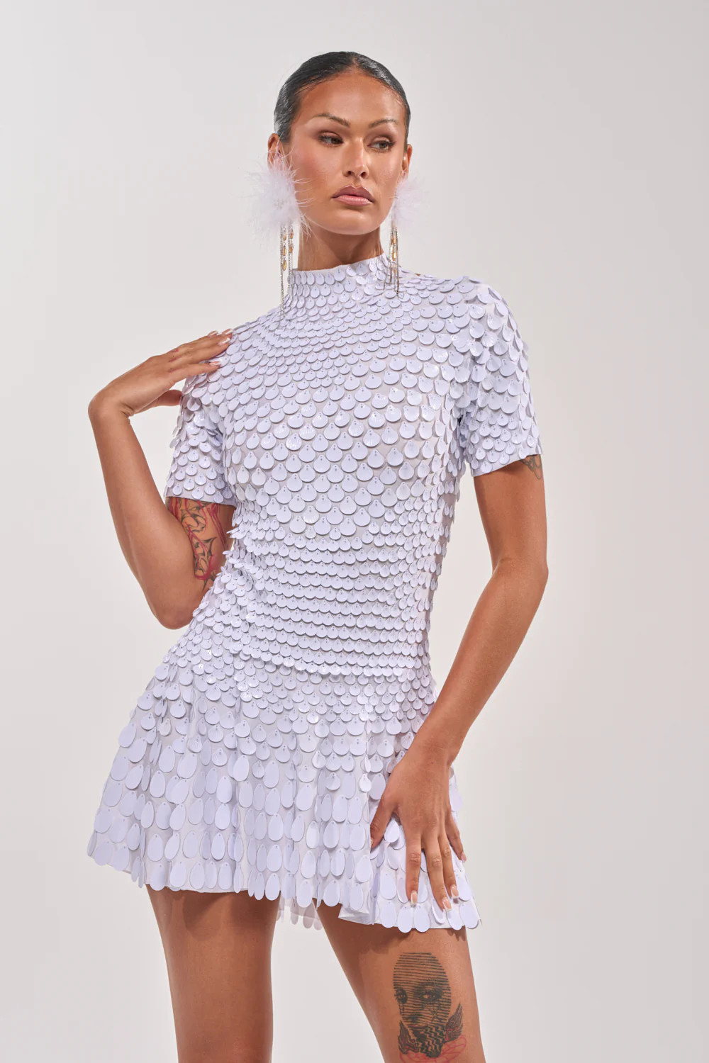 FAR FROM BASIC SEQUIN MINI DRESS IN WHITE | AKIRA