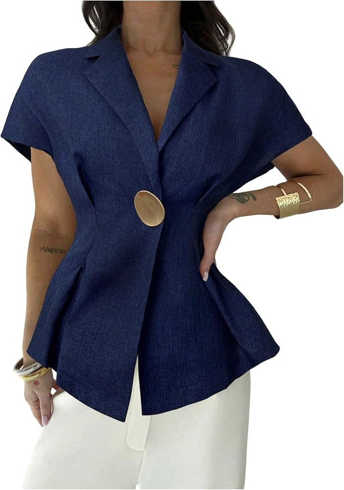 GORGLITTER Women's Short Sleeve Pleated Blazer Cinched Waist Button Down Lapel Neck Fall Work Cas... | Amazon (US)