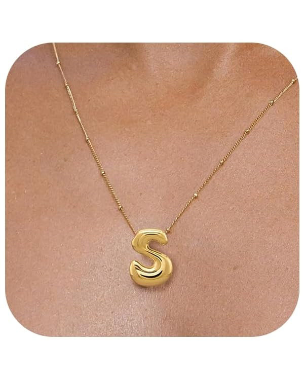 Gold Bubble Letter Necklace for Women Dainty 14K Gold Plated Balloon Initial Necklaces for Women ... | Amazon (US)