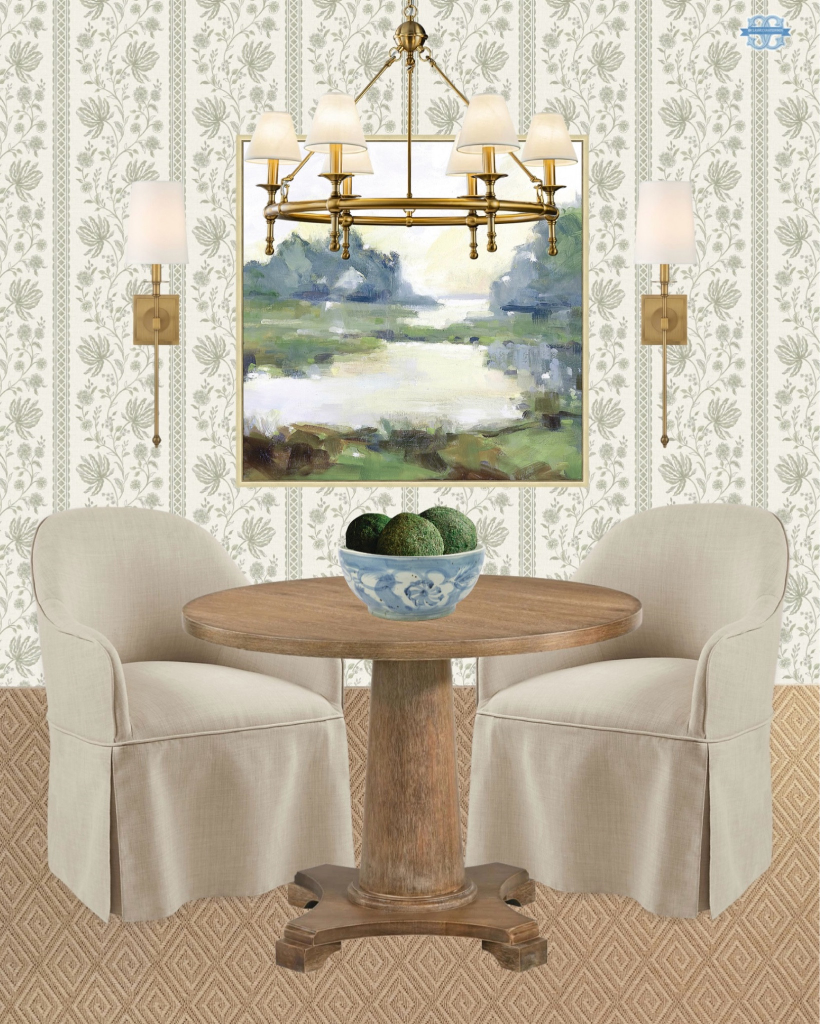 Inspo for a breakfast nook or dining area💚

Home Decor, Grandmillennial, Dining Table, Dining Chairs, Wallpaper, Rug, Chandelierr

#LTKHome