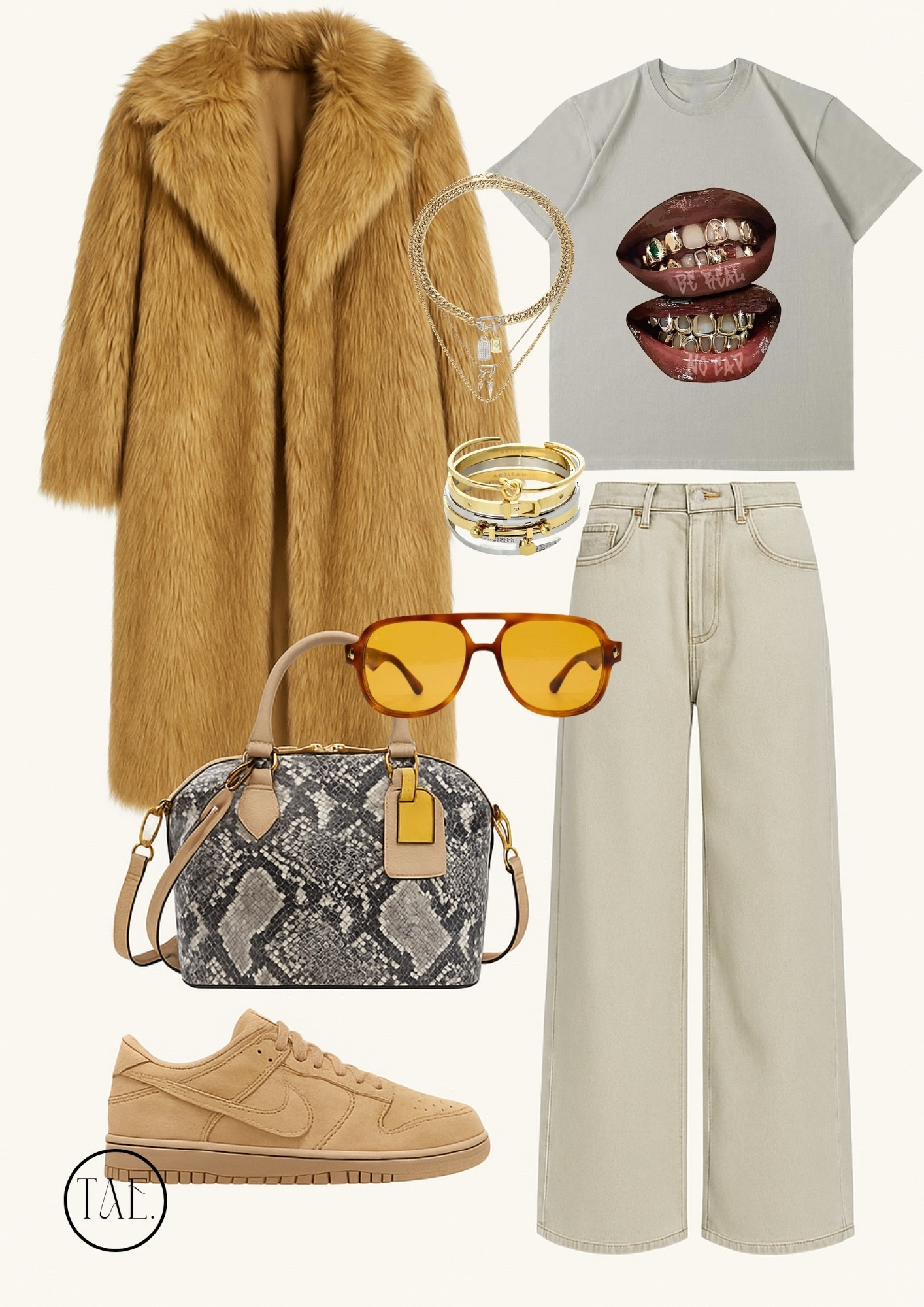 Cozy but make it statement.✨ This look is giving luxe vintage energy with a bold street twist — featuring a plush faux fur coat, wide-leg denim, graphic lips tee, and stacked gold jewelry. Finished it off with neutral suede Nike Dunks, amber shades, and a snakeskin satchel for that edge.

Perfect for winter days when you want to feel warm and iconic. Tap to shop every piece and recreate the full vibe 💋

#LTKStyle #LTKFall #FallStreetStyle #LTKUnder100 #FauxFurCoat #NeutralAesthetic #VintageGlam #LTKOutfit #CozyChic #StreetwearInspired #WinterFashionEdit

#LTKSeasonal #LTKBeauty