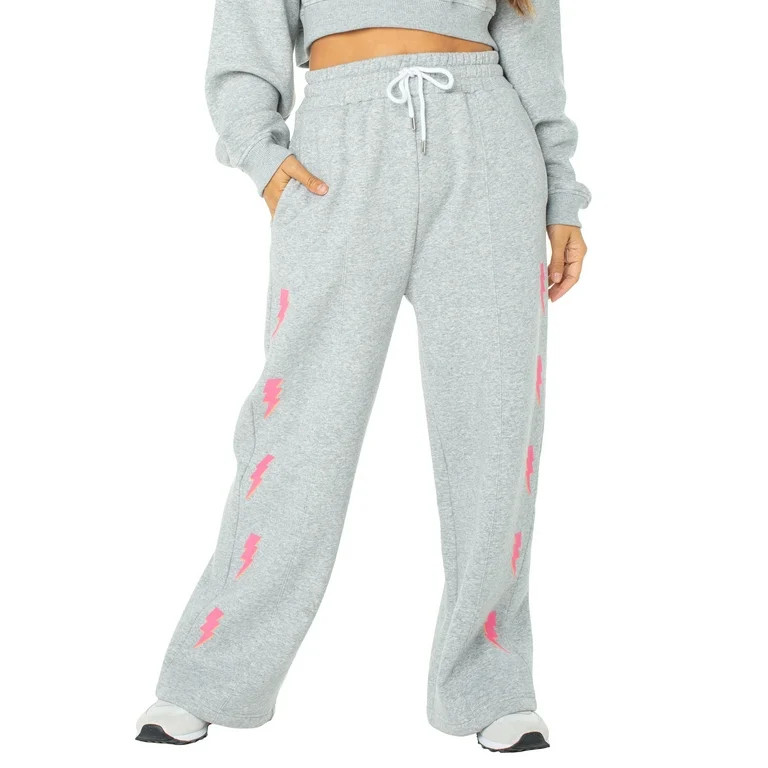 Celebrity Pink Juniors Wide Leg Fleece Pants w/Lightening Bolt Print, Sizes XS-XXXL | Walmart (US)