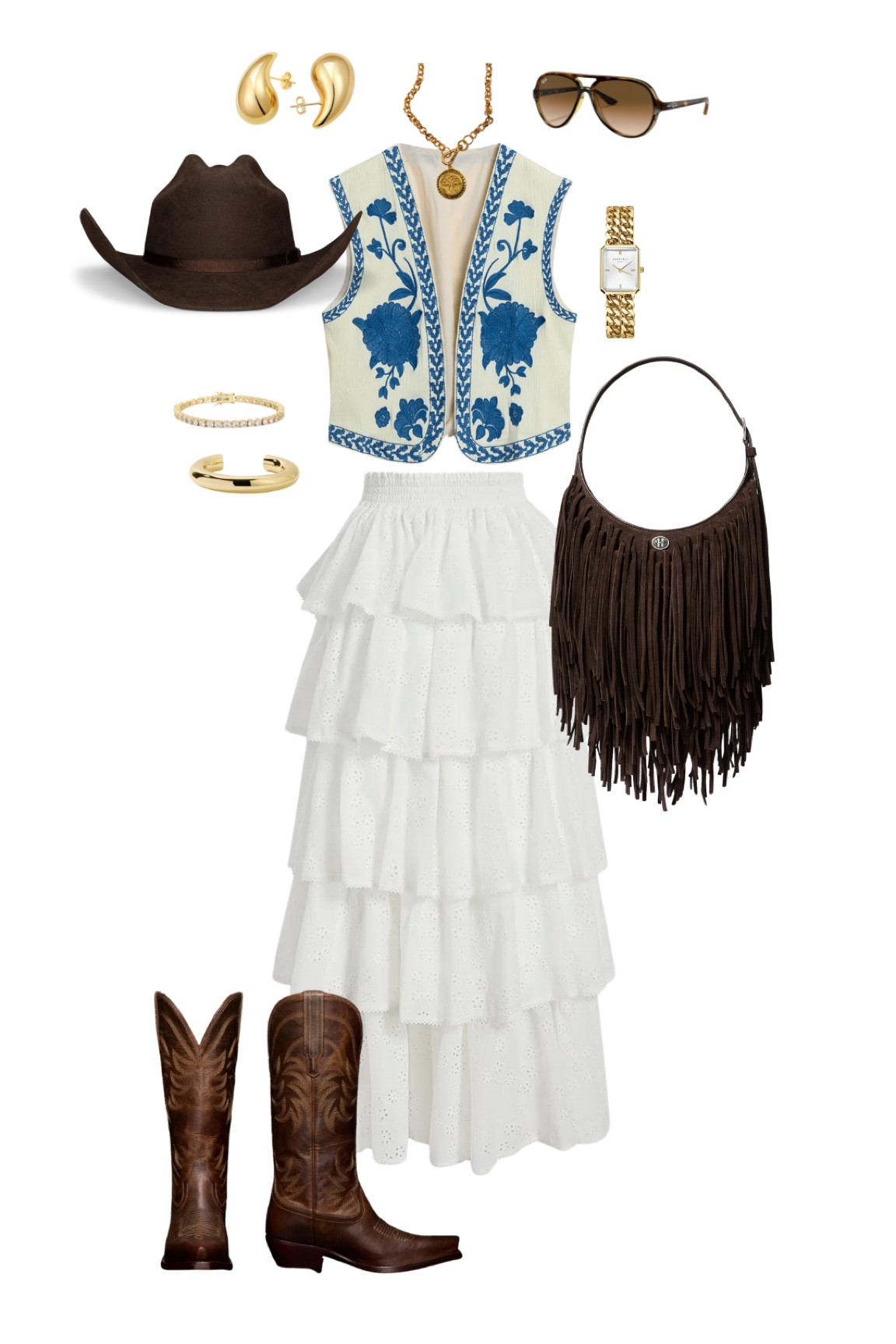 Fun Country Concert Outfit Inspo🤎💙 

Top is Commens
Necklace is LoganTay

Fringe purse, cowgirl, cowboy boots, vest, gold jewelry, cowboy hat, country, western 

#LTKstyletip #LTKSeasonal #LTKfindsunder100