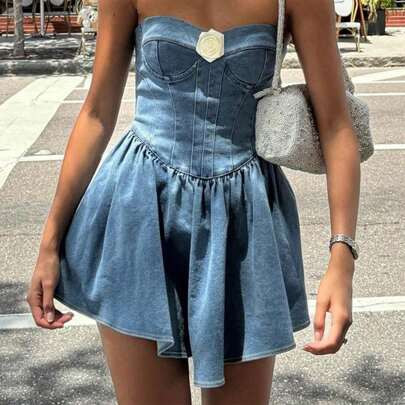 Women's Sexy Strapless Denim Dress, Fashionable Decal Design Dress, Zipper Closure, Umbrella Shaped Sleeveless Dress | SHEIN