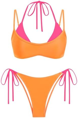 ZAFUL Women's Polka Dot Bikini Set Double Layer Halter Swimsuit Colorblock Side Tie 2 Piece Bathi... | Amazon (US)