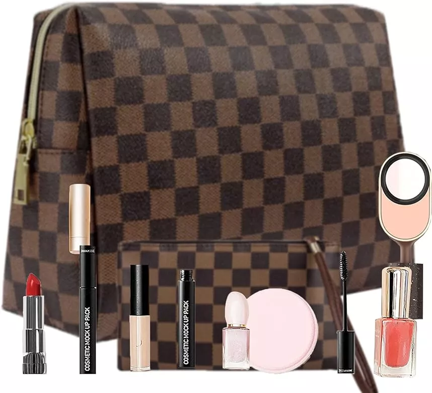  BAGCRAZY Checkered Makeup Bag, Portabel Leather Large