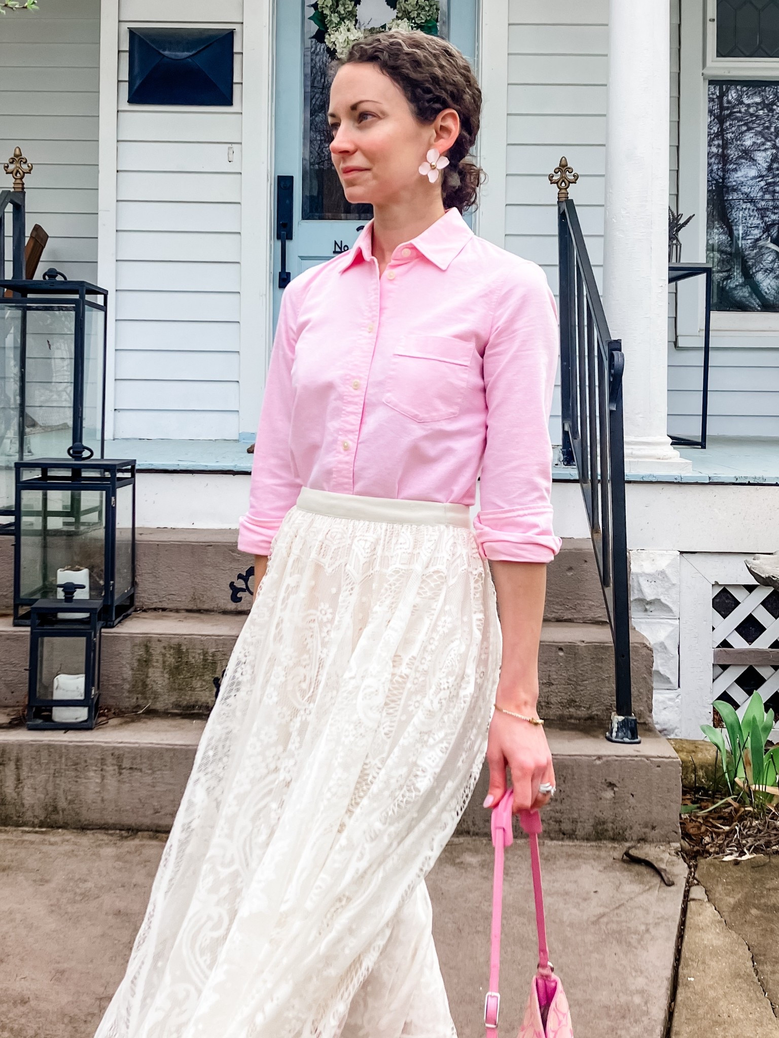 A pink and white lace skirt for church!
Pink button up from J.Crew Factory. 
Cream lace skirt from Amazon. 
Large floral earrings are old, linking similar. 
Coach bag is vintage. 
Petite outfit. Modest outfit. Spring outfit. Feminine outfit. Classic outfit. Preppy outfit. Church outfit. 

#LTKOver40 #LTKootd #LTKdayinmylife