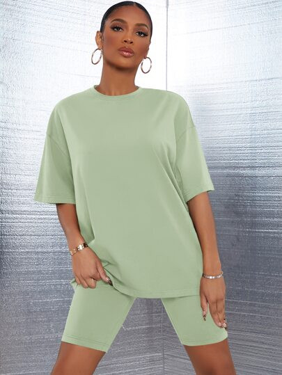 SHEIN SXY Drop Shoulder Solid Top & Cycling Shorts Set | SHEIN