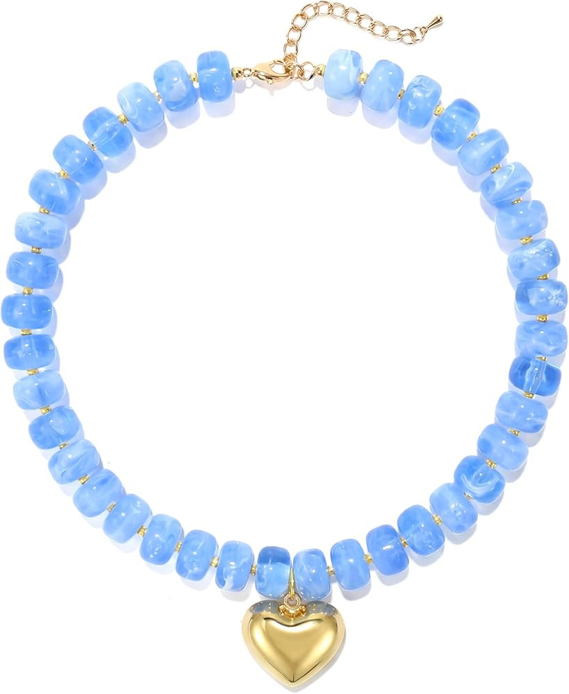 Chunky Heart Necklace for Women, Colorful Acrylic Beaded Statement Puff Heart Necklace, Cute Boho... | Amazon (US)