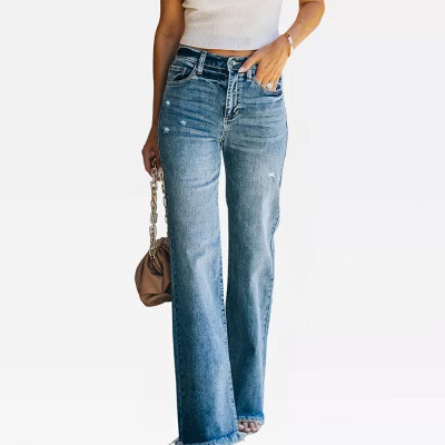 Straight Leg Ripped Jeans for Women High Waisted Jeans Frayed Baggy Pants Raw Hem Loose Stretchy Cropped Wide Leg Jeans Denim Outfits, Blue - S | Target
