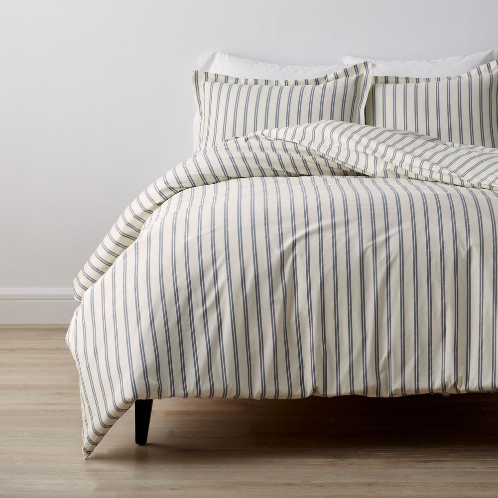 The Company Store Narrow Stripe Navy Cotton Percale Twin Duvet Cover, Blue | The Home Depot
