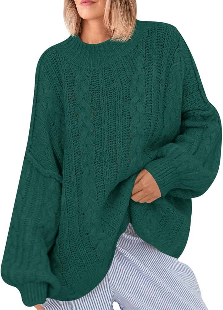 Saodimallsu Womens Oversized Sweaters Chunky Cable Knit Crew Neck Casual Long Lantern Sleeve Fall... | Amazon (US)