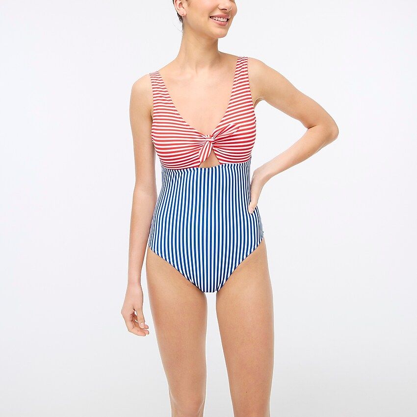 Mixed-striped cutout one-piece swimsuit with bow | J.Crew Factory