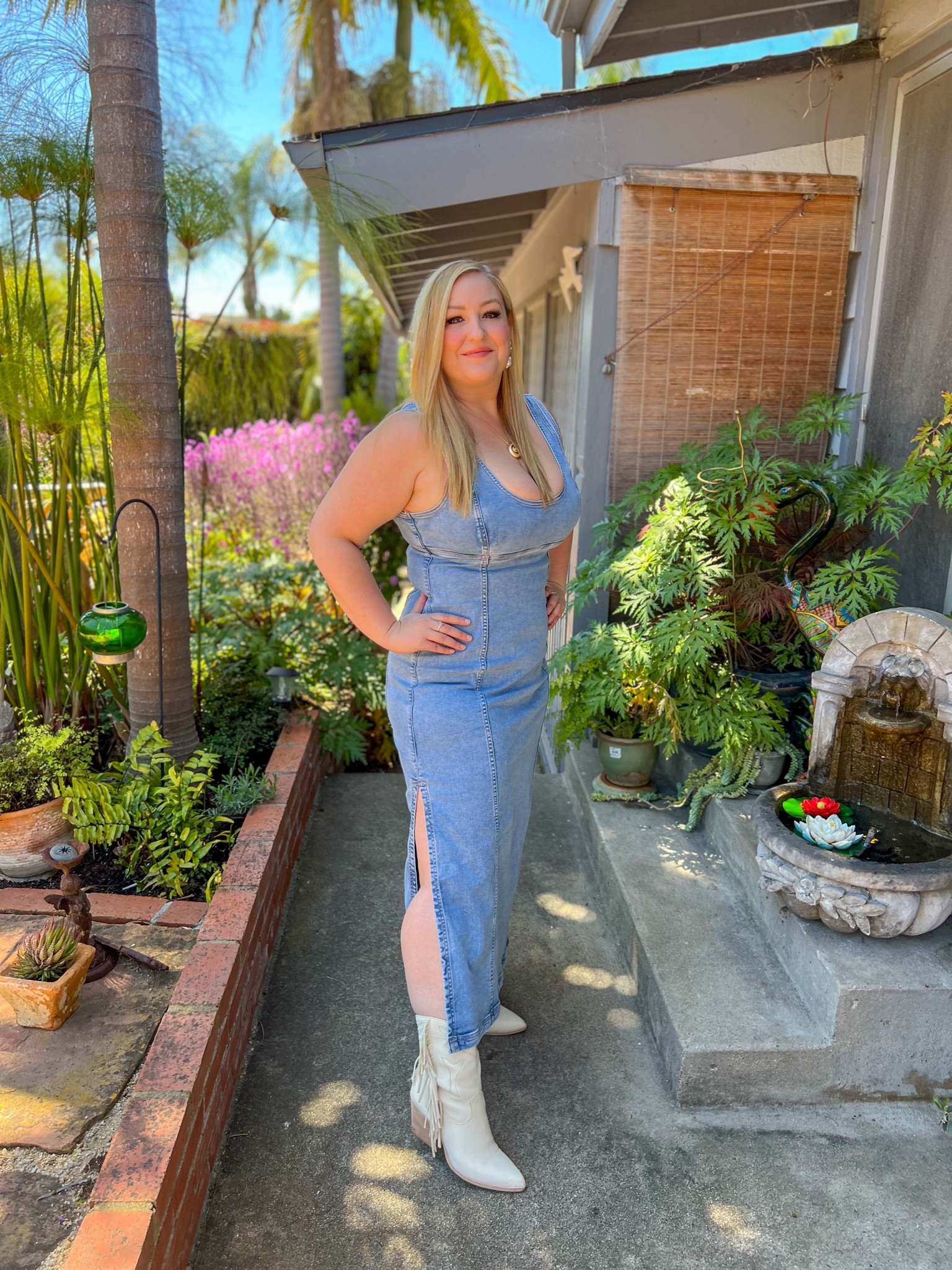 This denim maxi is so pretty and flattering! I exchanged my 14 for a 12 that I am wearing here. It is super stretchy and very comfortable! Perfect Spring dress! 

#LTKMidsize #LTKSeasonal #LTKStyleTip