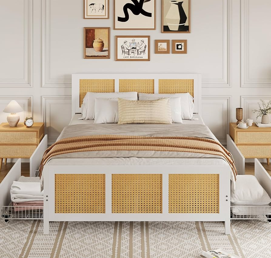 GarveeHome White Rattan Bed Frame with Headboard, Boho Cane Platform Full Size Bed Frame with 4 D... | Amazon (US)