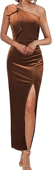 MEROKEETY Women's One Shoulder Velvet Maxi Dress Sleeveless Ruched Bodycon Slit Formal Wedding Gu... | Amazon (US)