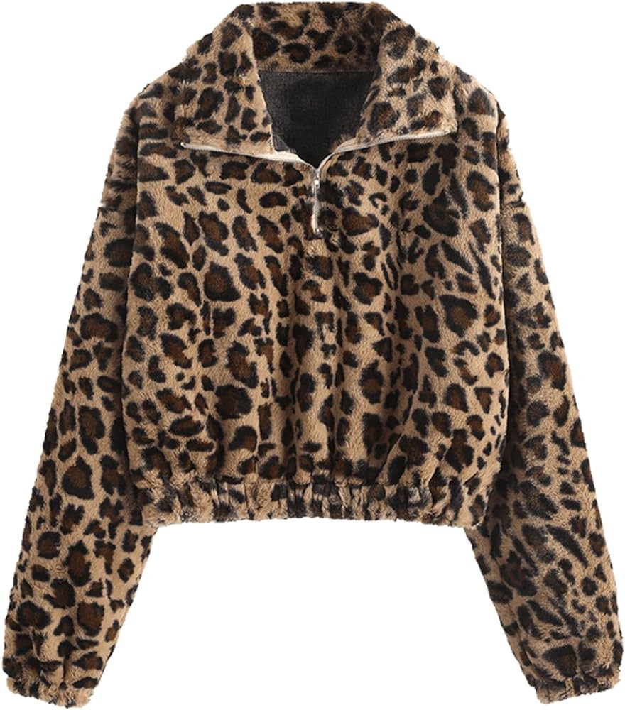 ZAFUL Women's Fashion Long Sleeve Lapel Half Zip Plain Faux Fur Sweatshirt Solid Color Crop Pullo... | Amazon (US)