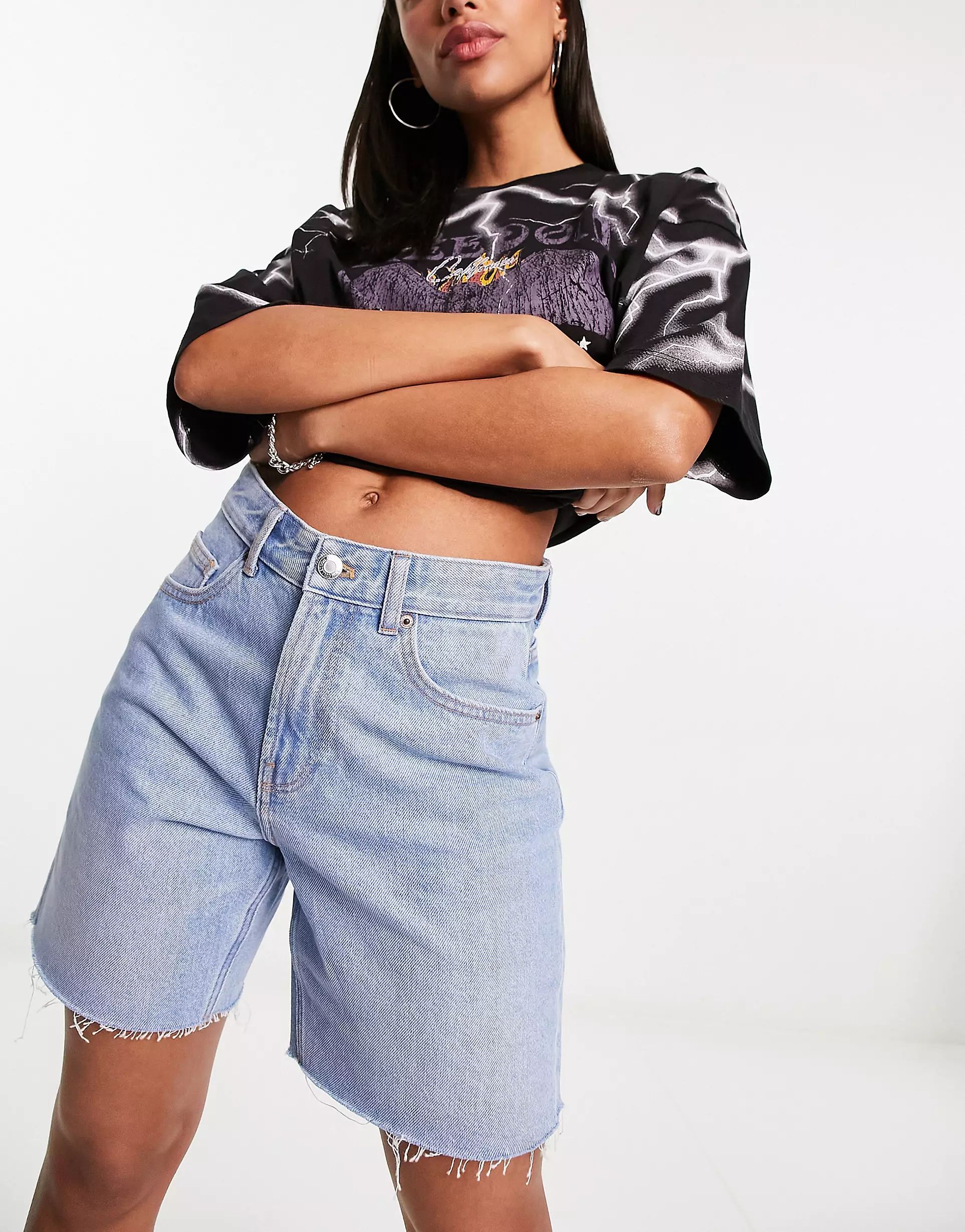 Bershka high waisted raw hem longline denim jorts in light blue | ASOS (Global)