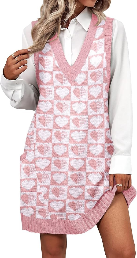 Zeagoo Womens Sweater Vest Dress Pattern Knitted Pullovers Sweaters V Neck Tank Sweater Dress wit... | Amazon (US)