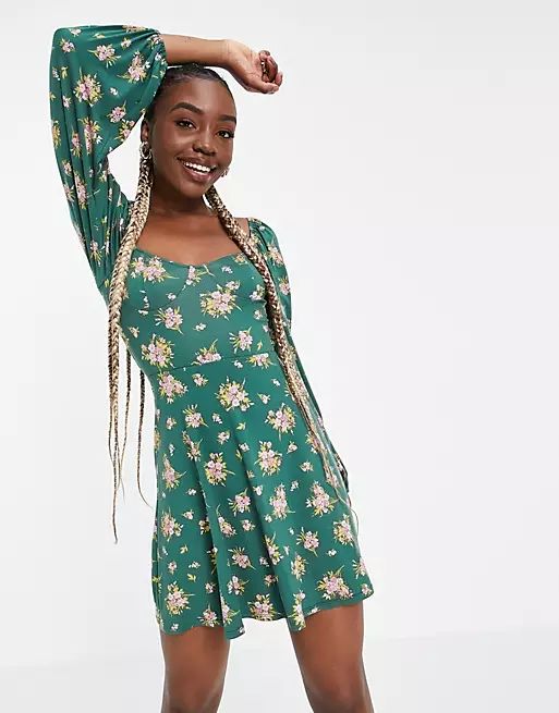 ASOS DESIGN Tall mini tea dress with long sleeves and cup detail in forest green floral | ASOS (Global)