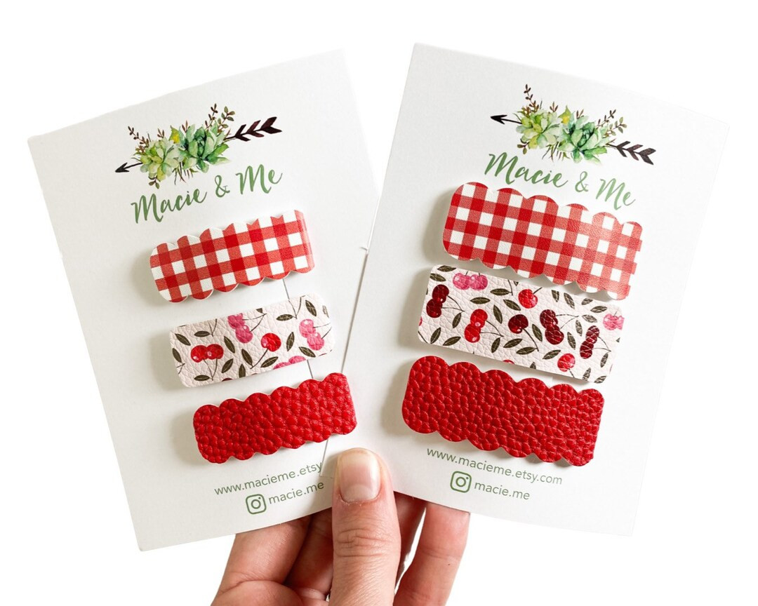 Red Gingham, Cherry, Pebbled Red Snap Clip Set -  Faux Leather Hair Clips, Girls Snap Clips, Girl... | Etsy (US)